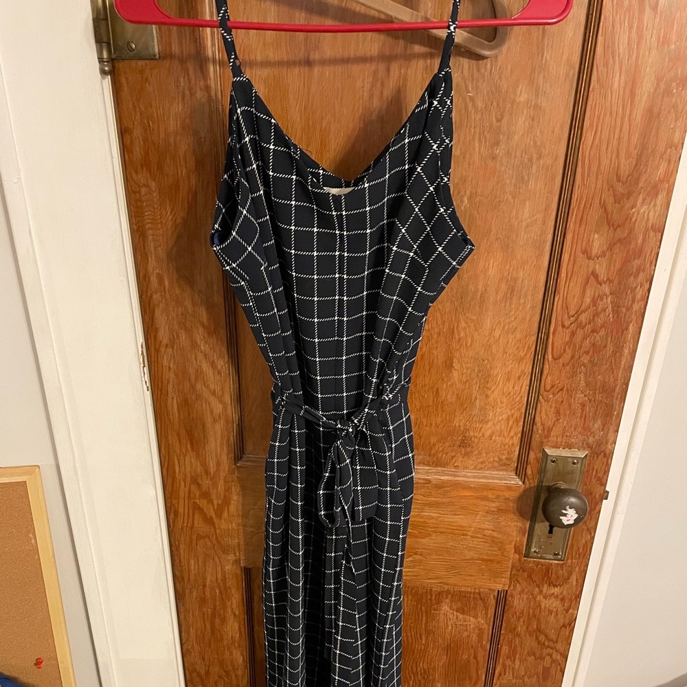 Navy Blue and white gingham 3/4 length jumpsuit